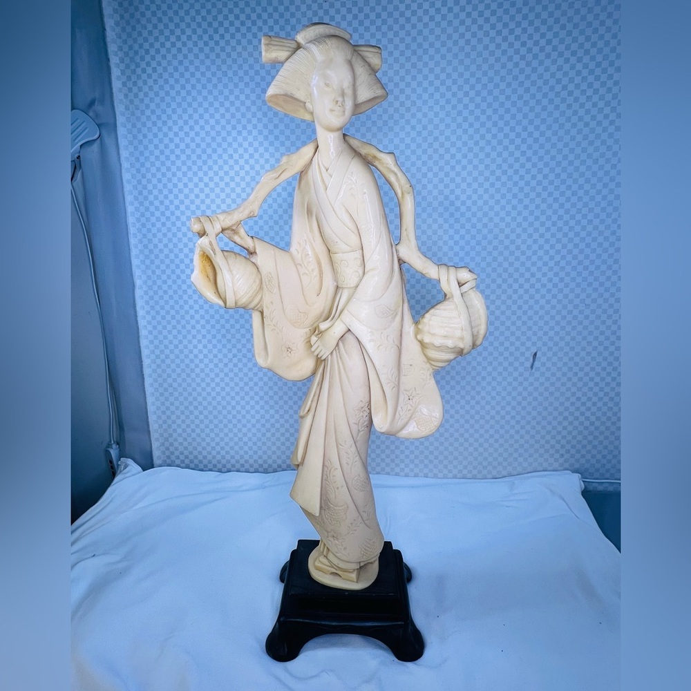 Mid Century Geisha Sculpture in Resin Black Base, Italy,‎ 1960’s Signed 17.6”